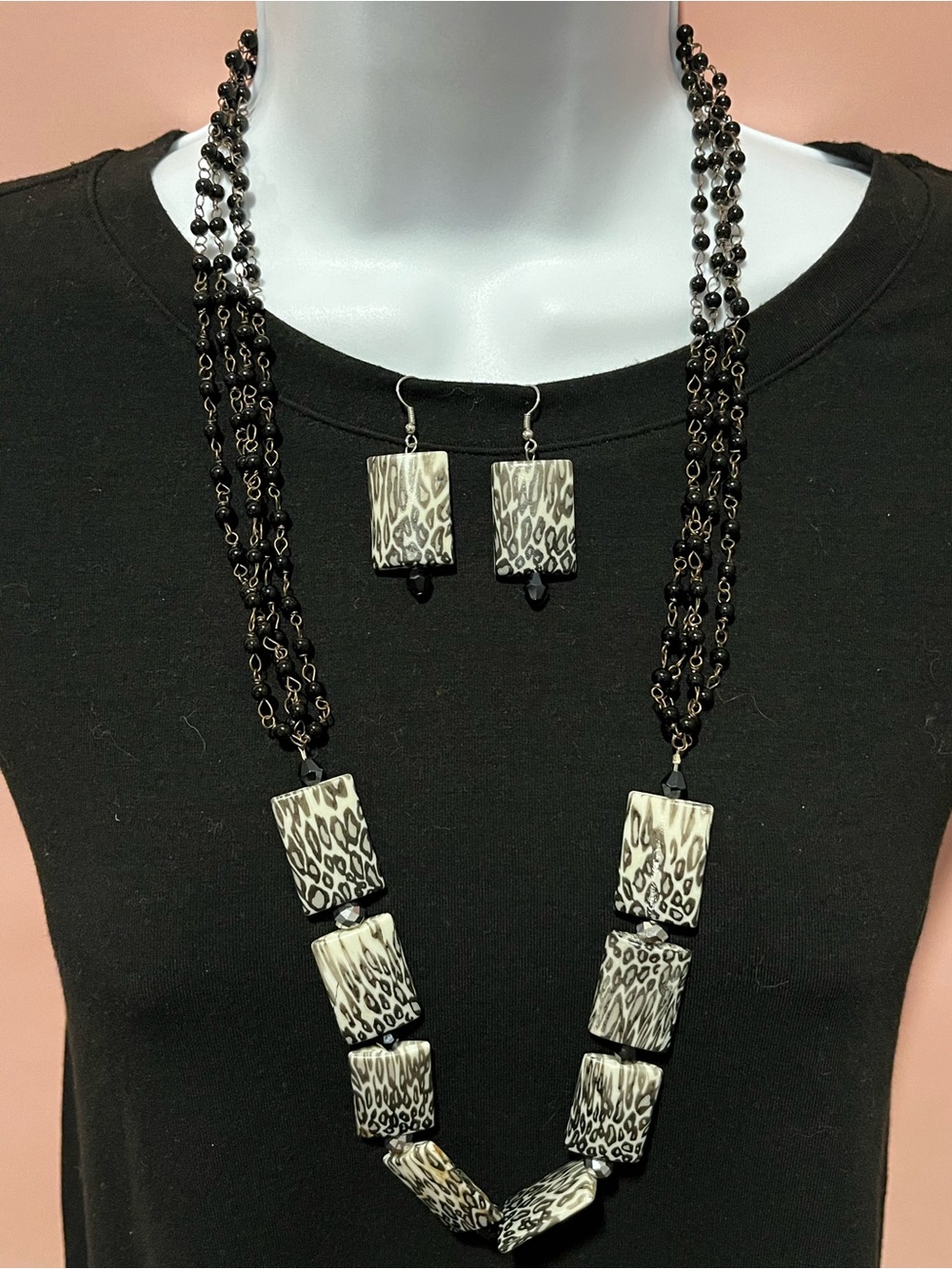 Vintage Black & Cream Animal Print Bead Necklace and Earring Set
